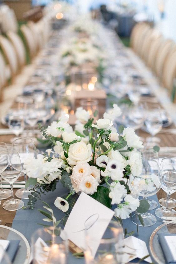 dusty blue wedding table runner white flower and greenery centerpieces for dusty blue wedding themes for 2023 dusty blue green and white