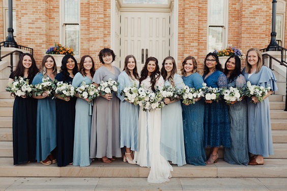 Mismatched Blue and Gold Wedding Color Palettes 2023, Mismatched Blue Bridesmaid Dresses, Blue and Gold Wedding Cakes