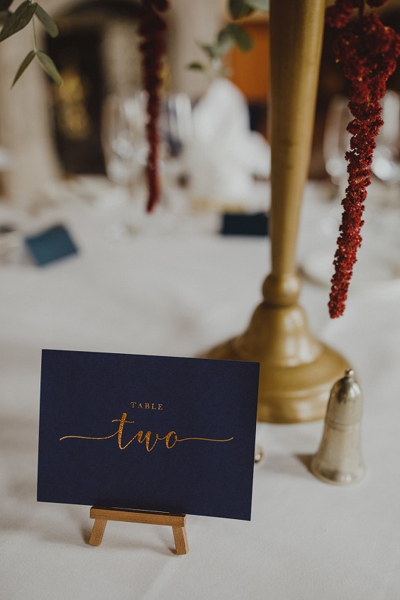 Table Number Cards for Navy Blue, Gold and Burgundy Wedding Color Palettes 2023