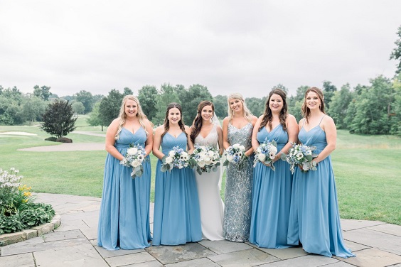 Dusty Blue, White and Gold Wedding Color Palettes 2023, Dusty Blue Bridesmaid Dresses, White Bridal Gown