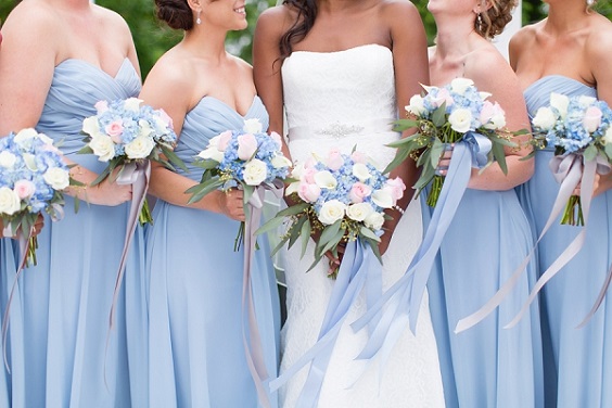 Light Blue, Gold and Blush Wedding Color Palettes 2023, Light Blue Bridesmaid Dresses, Blush and Blue Bouquets