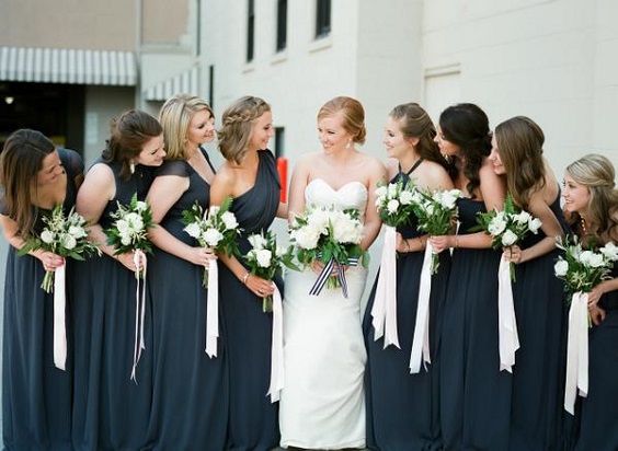 Navy Blue, Gold and White Wedding Color Palettes 2023, Navy Blue Bridesmaid Dresses, White Bridal Gown