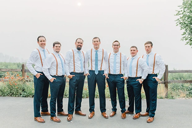 Groom Groomsmen Attire for Dusty Blue, Navy Blue and Peach Fall Wedding Color Palettes 2024