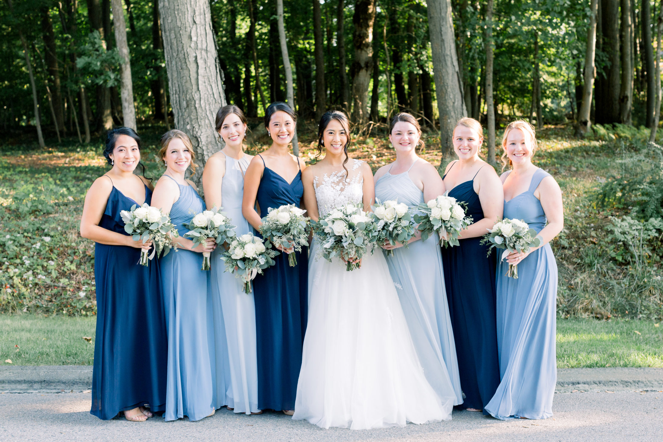 Mismatched Blue Fall Wedding Color Palettes 2024, Mismatched Blue Bridesmaid Dresses, Navy Blue Groom Attire