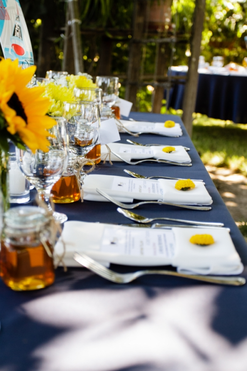 Navy Bue Table Cloth Sunflower Centerpieces for Navy Blue and Yellow Fall Wedding Color Palettes 2024