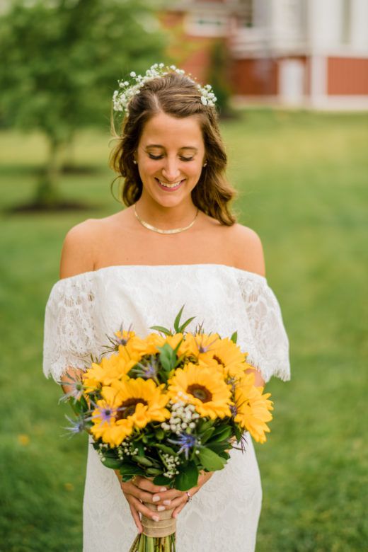 White Bridal Gown Yellow Sunflower Boquets for Navy Blue and Yellow Fall Wedding Color Palettes 2024