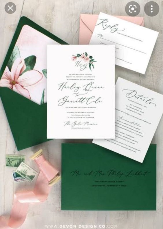 wedding invitation with emerald green cover and dusty rose floral printing for great summer wedding color palettes for 2024 dusty rose and emerald green