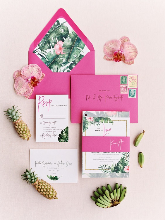 wedding invitation suite with hot pink cover and green leaves printing for great summer wedding color palettes for 2024 gold hot pink and green