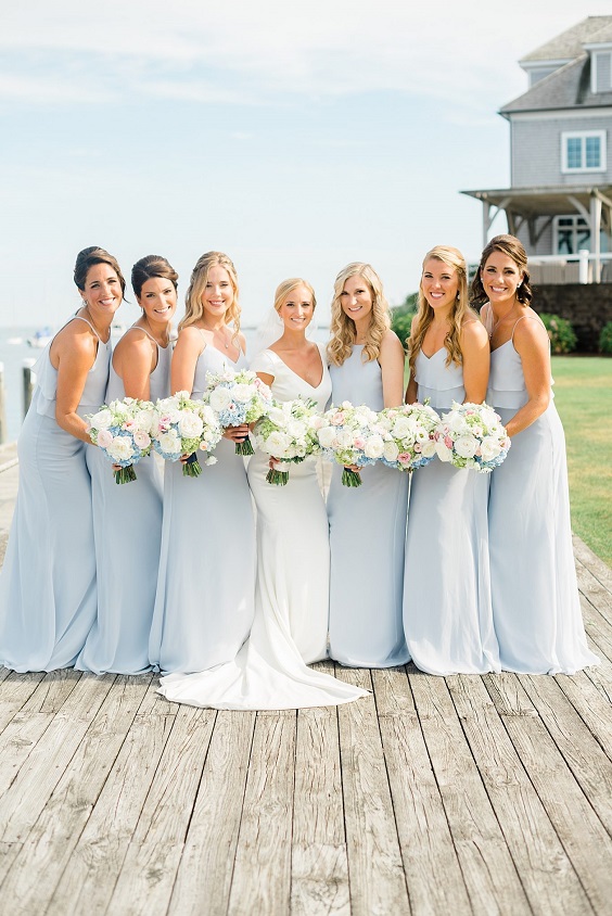 ice blue bridesmaid dresses white bridal gown for great summer wedding color palettes for 2024 ice blue navy and white