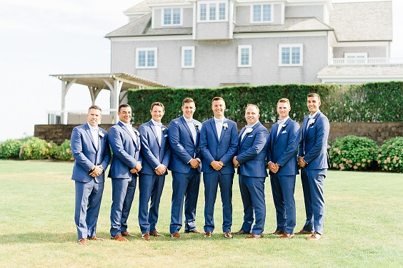 navy blue groomsmen suits ice blue bowties for great summer wedding color palettes for 2024 ice blue navy and white