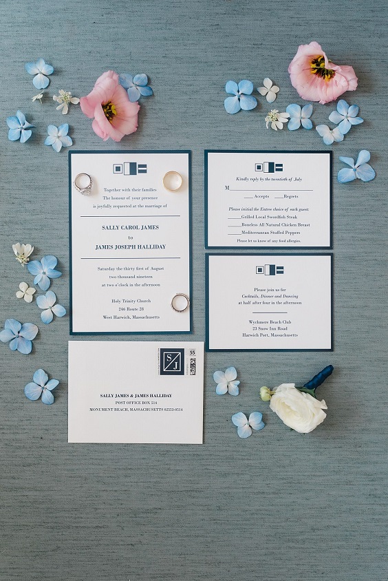 wedding invitations with navy blue frame for great summer wedding color palettes for 2024 ice blue navy and white