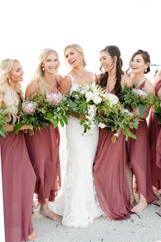mauve bridesmaid dresses white bridal gown for great summer wedding color palettes for 2024 mauve and champagne