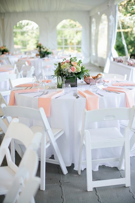 white wedding tablecloth peach napkins for great summer wedding color palettes for 2024 peach white and green