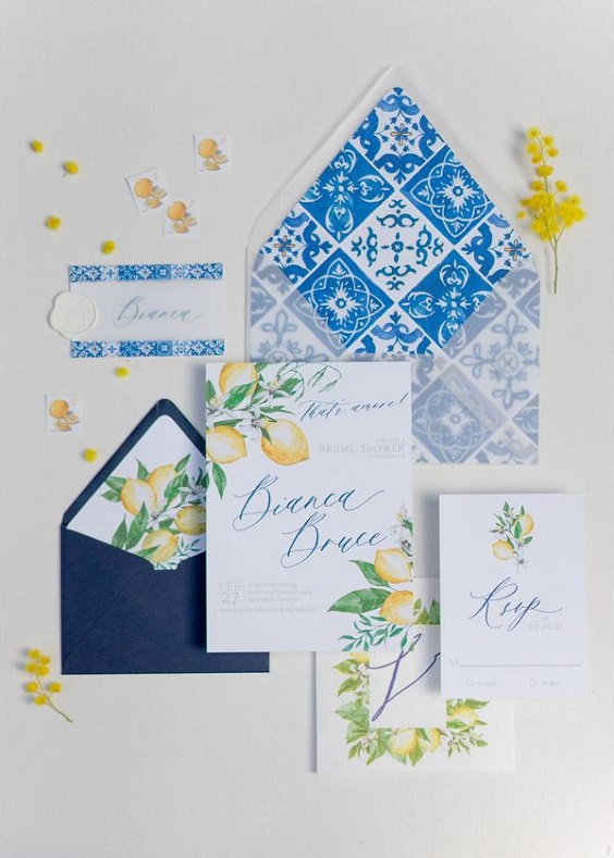 navy blue and lemon printed wedding invitations for great summer wedding color palettes for 2024 navy blue and yellow