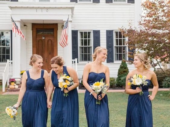 navy blue bridesmaid dresses yellow wedding bouquets for great summer wedding color palettes for 2024 navy blue and yellow