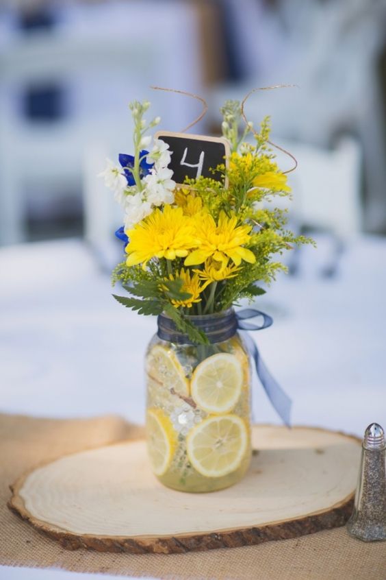 navy blue table number card and yellow flowers decoration for great summer wedding color palettes for 2024 navy blue and yellow