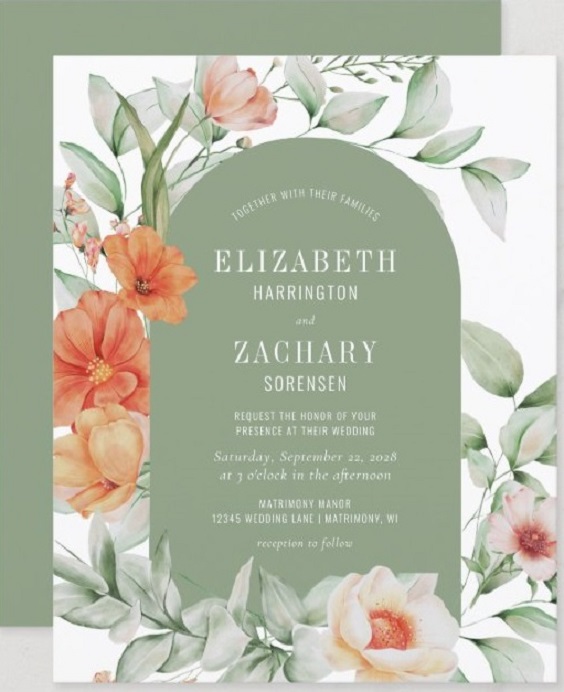 sage wedding invitation with orange flower printing for great summer wedding color palettes for 2024 sage orange and fuschia