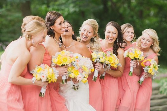 Coral, Yellow and Light Grey Spring Wedding Color Combos 2024, Coral Bridesmaid Dresses, Light Grey Groom Attire