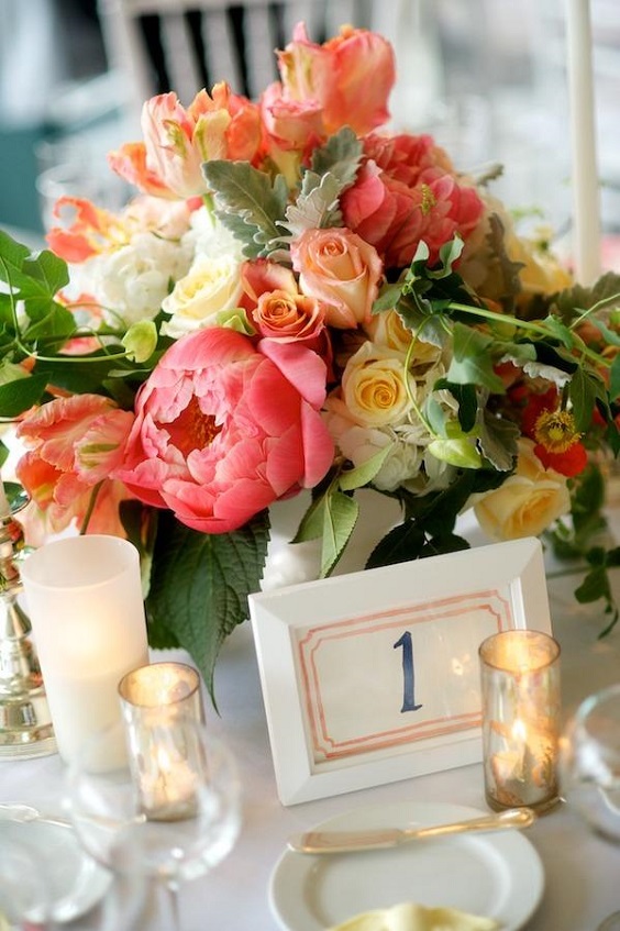 Coral Wedding Centerpieces for Coral, Yellow and Light Grey Spring Wedding Color Combos 2024