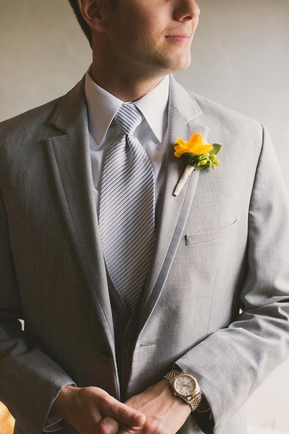 Light Grey Groom Attire for Coral, Yellow and Light Grey Spring Wedding Color Combos 2024