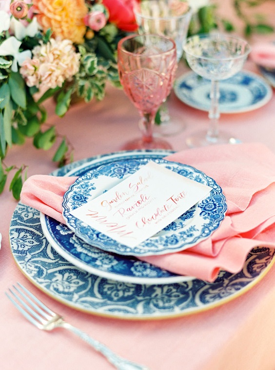 Wedding Table Decorations for Dusty Blue, Coral and Hot Pink Spring Wedding Color Combos 2024