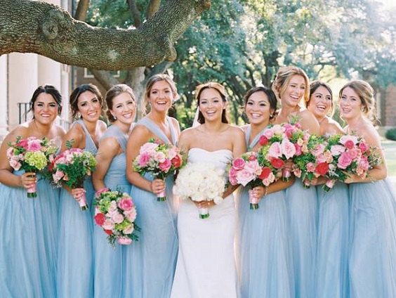 Light Blue and Pink Spring Wedding Color Combos 2024, Light Blue Bridesmaid Dresses, Pink Wedding Bouquets