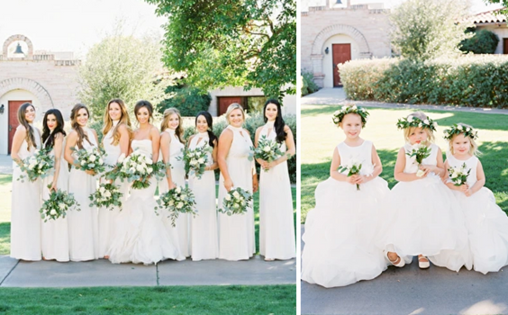 White, Greenery and Black Spring Wedding Color Combos 2024, White Bridesmaid Dresses, Black Groom Attire