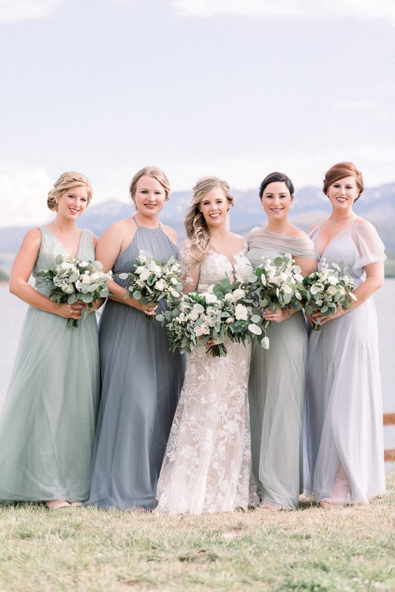 Sage Green and Dusty Blue Wedding Color Palettes 2024, Mismatched Sage Green and Dusty Blue Bridesmaid Dresses