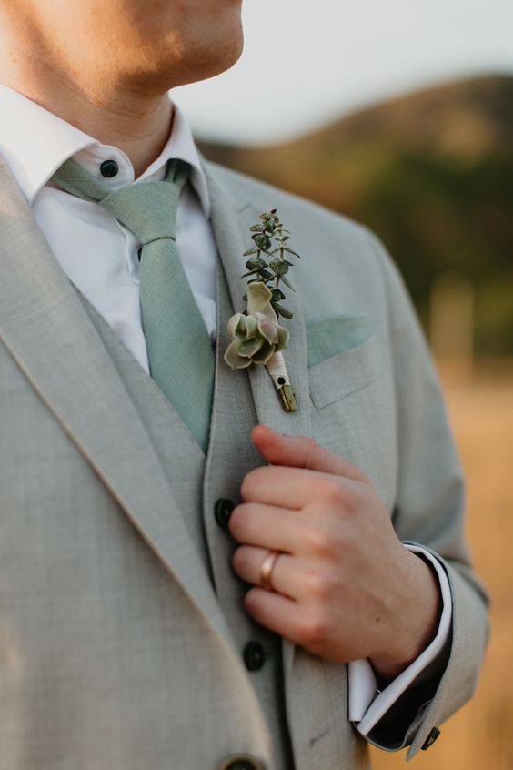 Groom Attire for Sage Green and Gold Wedding Color Palettes 2024
