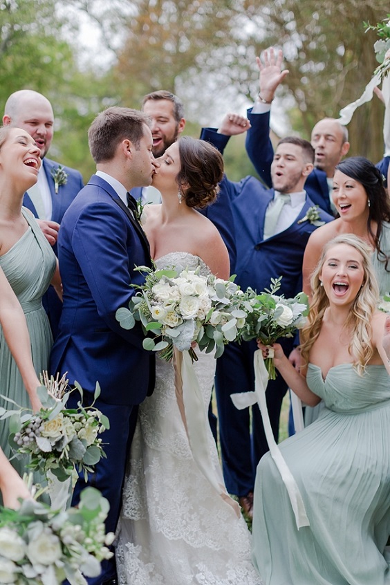 Sage Green and Navy Blue Wedding Color Palettes 2024, Sage Green Bridesmaid Dresses, Navy Blue Groom Attire
