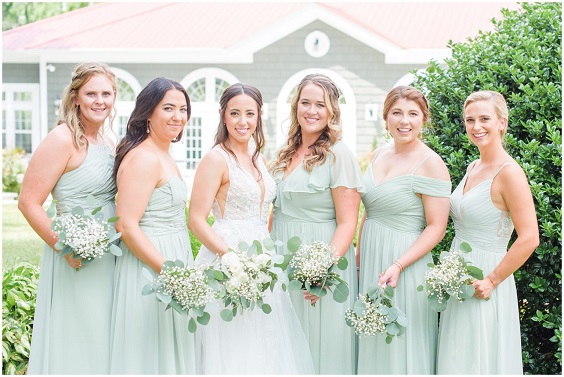 Sage Green and White Wedding Color Palettes 2024, Sage Green Bridesmaid Dresses, White Bridal Gown