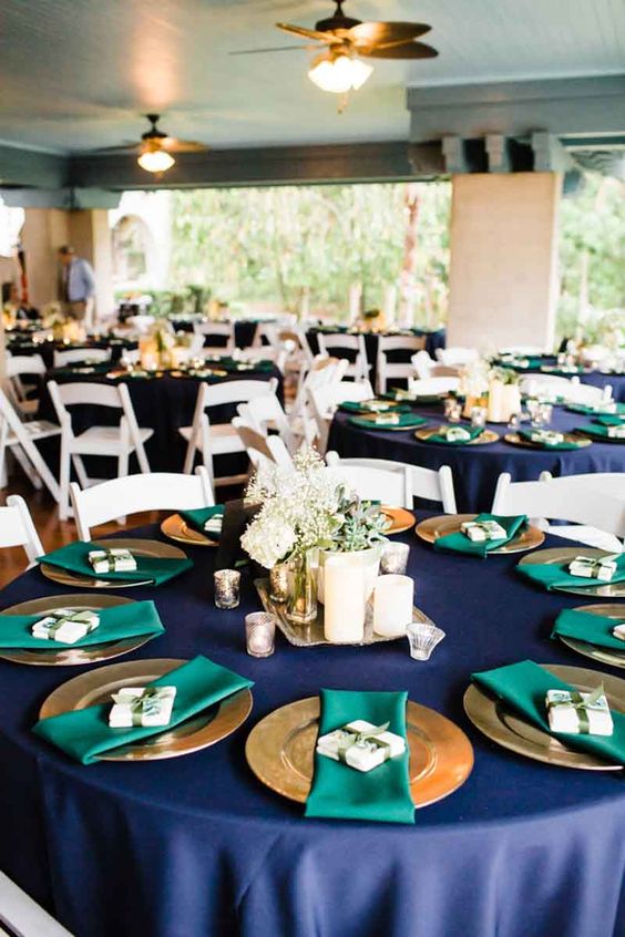 navy blue wedding tablecloth emerald napkins for emerald green wedding color schemes for 2024 emerald green and navy blue