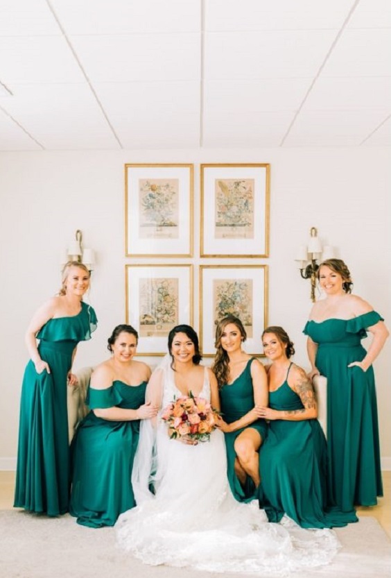 emerald green bridesmaid dresses white bridal gown for emerald green wedding color schemes for 2024 emerald green and burnt orange