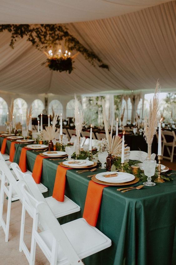 emerald wedding tablecloth burnt orange napkins for emerald green wedding color schemes for 2024 emerald green and burnt orange