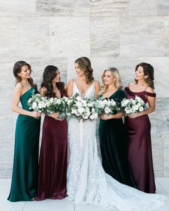 emerald green bridesmaid dresses purple bridesmaid dresses white bridal gown for emerald green wedding color schemes for 2024 emerald green and purple