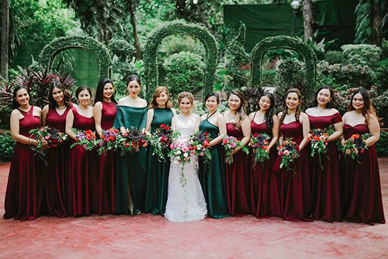 emerald green bridesmaid dresses and burgundy bridesmaid dresses white bridal gown for emerald green wedding color schemes for 2024 emerald green and burgundy