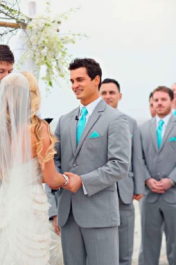 Grey Groom Suit and Turquoise Tie for Turquoise Blue and Sunflower Wedding Colors 2023