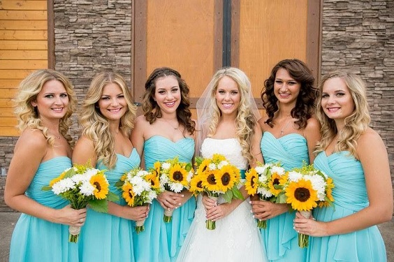 Turquoise Blue and Sunflower Wedding Colors 2023, Turquoise Blue Bridesmaid Dresses, Sunflower Weddinng Bouquets