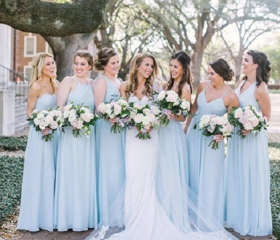 Light Blue and Blush Wedding Colors 2023, Light Blue Bridesmaid Dresses, Blush Weddinng Bouquets