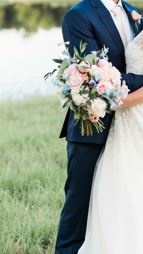 Navy Blue Groom Attire Bridal Bouquet for Light Blue and Blush Wedding Colors 2023