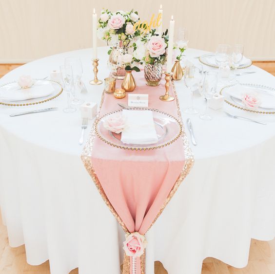 Light Pink Table Runners for Light Pink and Gold June Wedding Color Palettes 2023