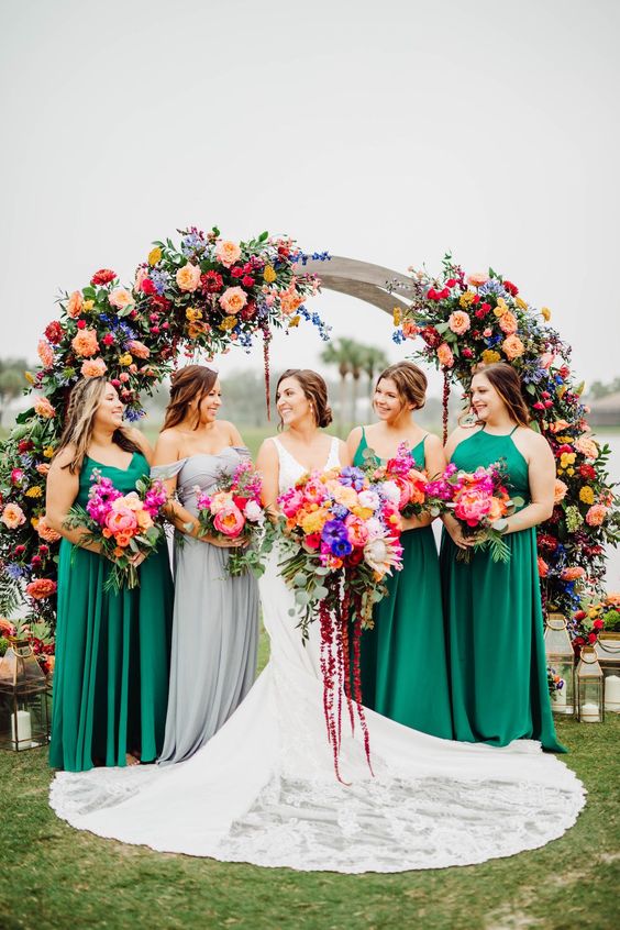 Green and Hot Pink Wedding Themes 2023, Green Bridesmaid Dresses, Hot Pink Wedding Bouquets