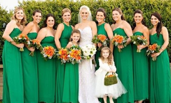 Green and Orange Wedding Themes 2023, Green Bridesmaid Dresses, Orange Wedding Bouquets