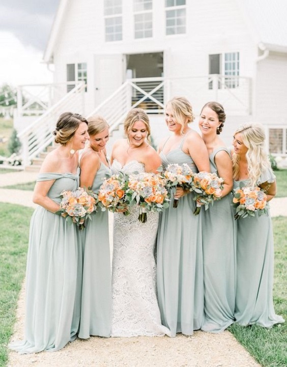 Sage Green and Peach Wedding Colors for 2023, Sage Green Bridesmaid Dresses, Peach Wedding Bouquets
