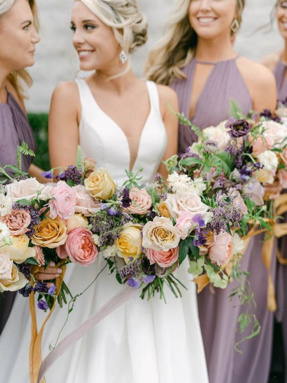 Lavender and Yellow July Wedding Color Combinations 2023, Lavender Bridesmaid Dresses, Yellow and Yellow Bouquets