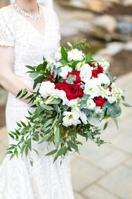 Red and Greenery July Wedding Color Combinations 2023,  Red and Greenery Bridal Bouquets, Red Wedding Corsages