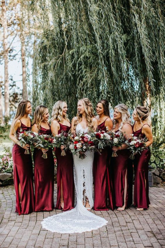 Burgundy Country Wedding Colors for 2024, Burgundy Bridesmaid Dresses, Burgundy and Greenery Wedding Bouquets