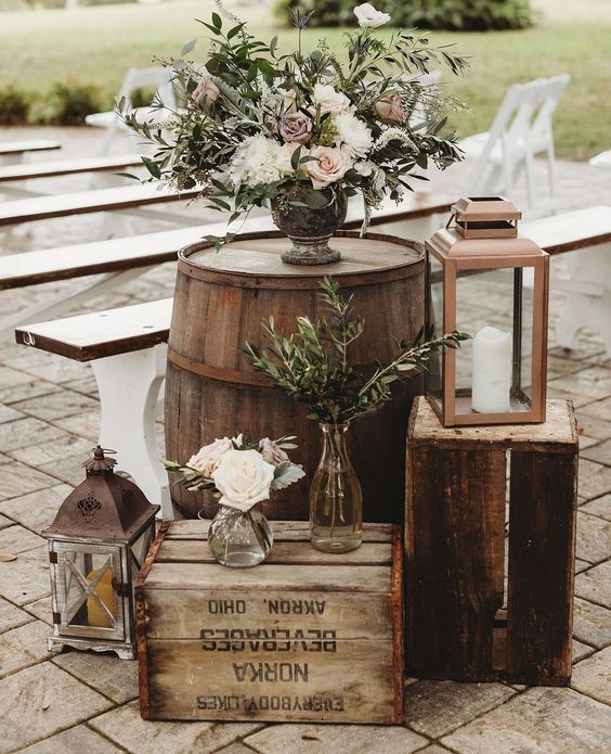 Outdoor barrel decorations for Mauve Country Wedding Colors for 2024