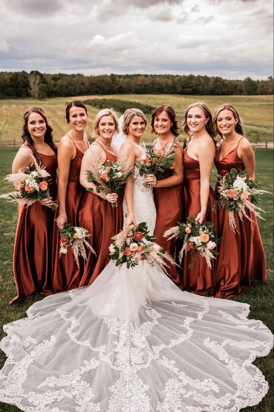 Rust Country Wedding Colors for 2024, Rust Bridesmaid Dresses, Rust Wedding Bouquets