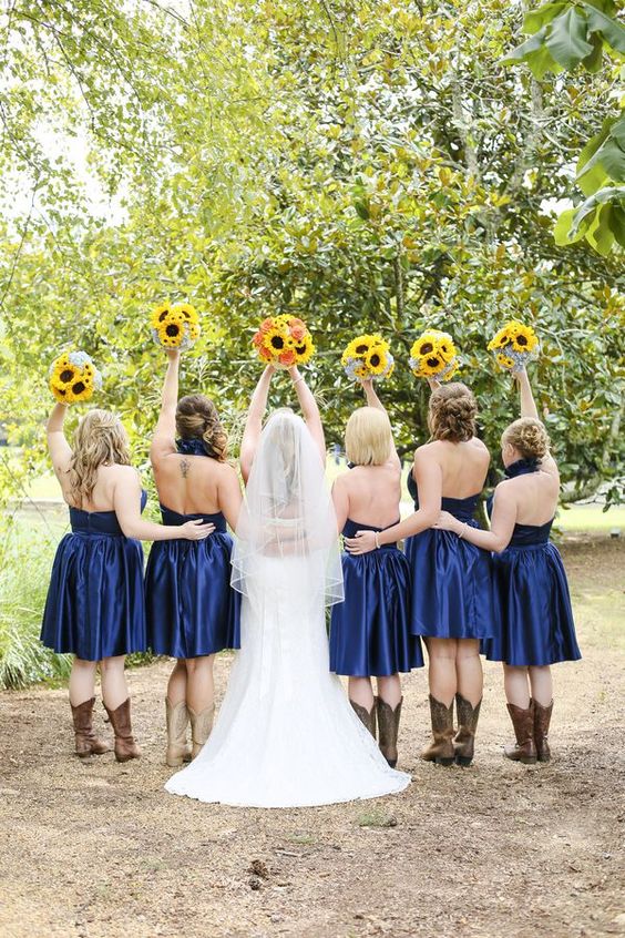 Sunflower Country Wedding Colors for 2024, Navy Blue Bridesmaid Dresses, Sunflower Wedding Bouquets